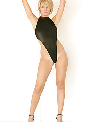 Maleena loves her high cut, shiny black one piece...did we..
